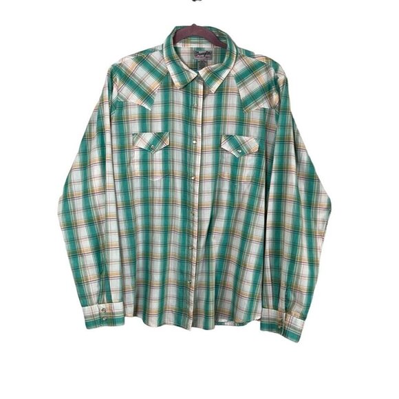 Wrangler Top Women 3X Green Collar Neck Pearl Metal Snap Plaid Western Rodeo 80s - Picture 1 of 10